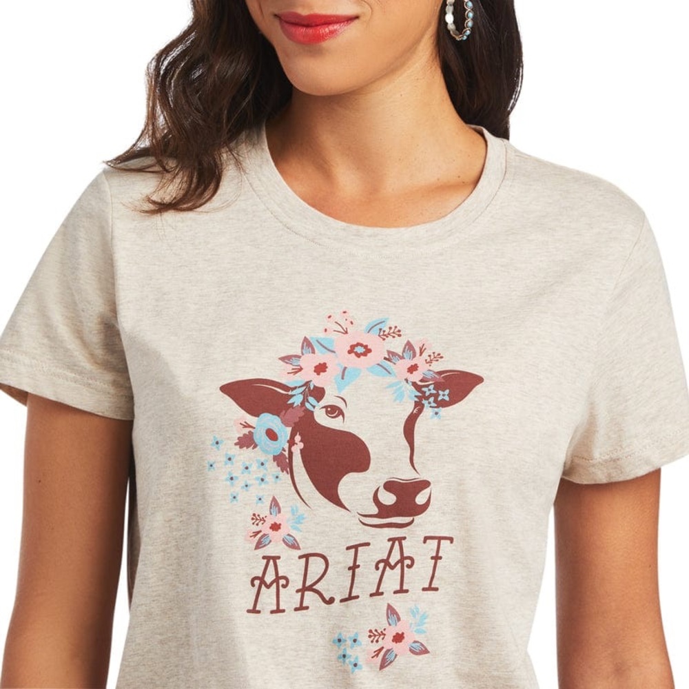 Ariat Womens Medium Real Moo Tee Shirt Short Sleeve Western Cowgirl Rodeo Beige - Picture 2 of 3